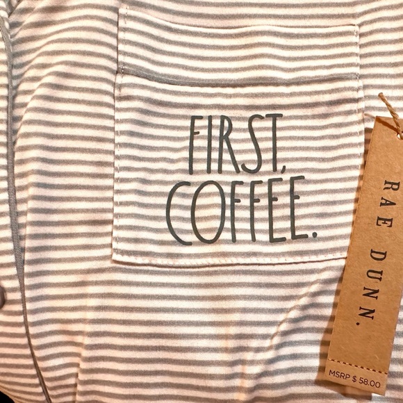 Rae Dunn Pajamas Set ‘COFFEE FIRST’ Size Medium Ballet Pink & Gray Stripes - Picture 7 of 10